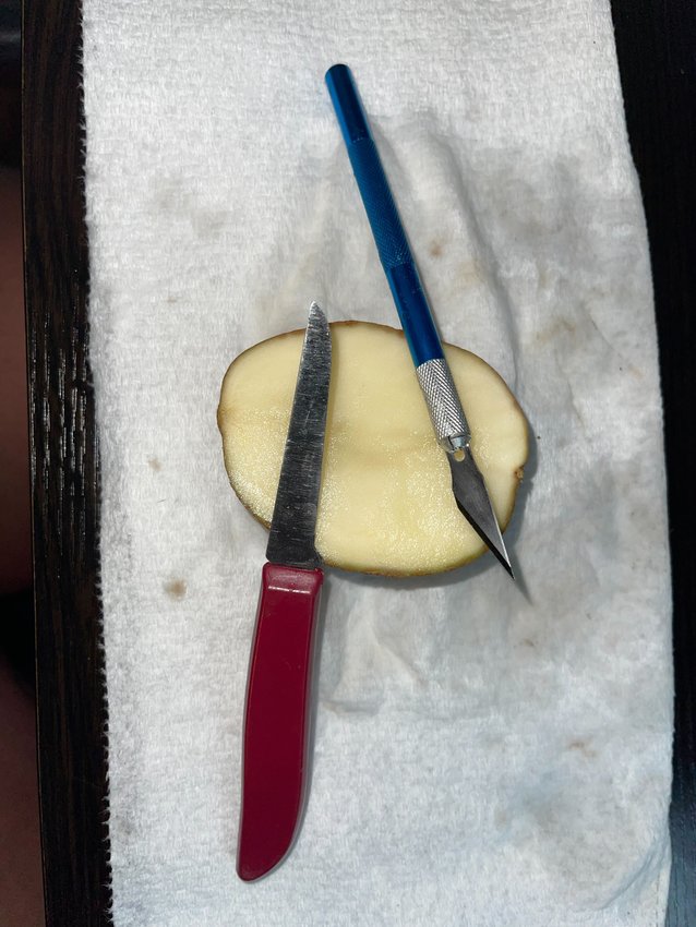 Get your tools: a paring knife or X-Acto knife. And, of course, your potato.